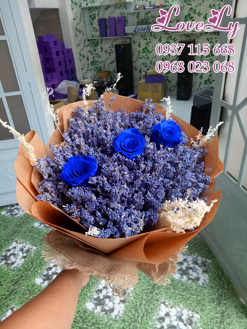Bó Hoa Lavender Khô Bó Tròn Mix 3 Hồng Xanh Coban( B11)